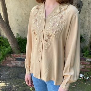 Hand Embroidered Silk Western Collar Long Sleeve Blouse in Tan